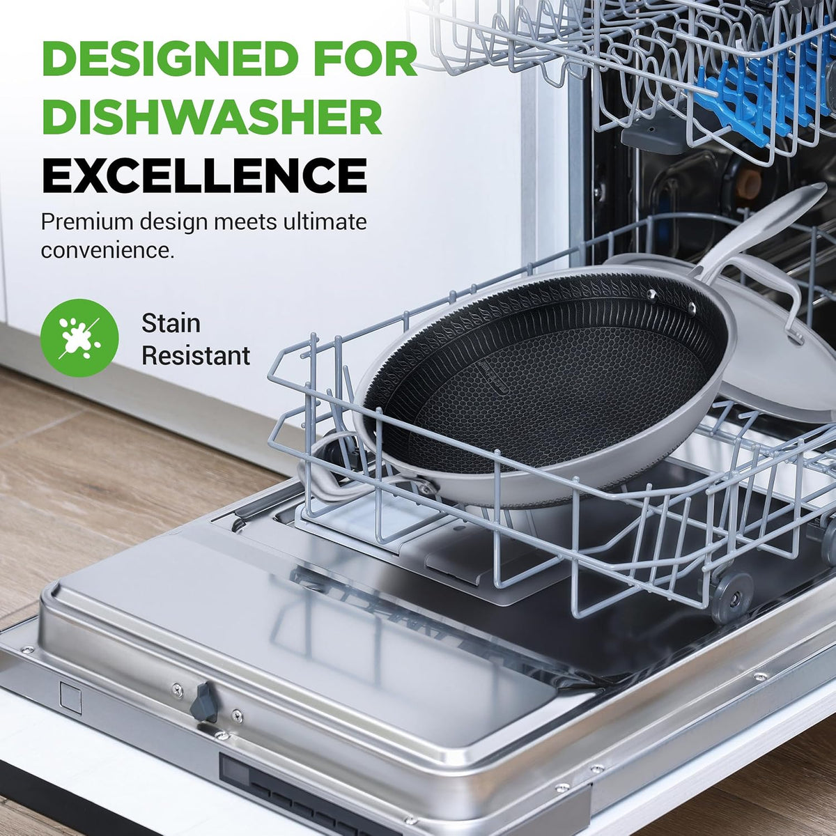 NutriChef 12" Stainless Steel Wok - Induction ready, Non Stick Tri-ply technology, Scratch-resistant Honeycomb Fire Textured Pattern