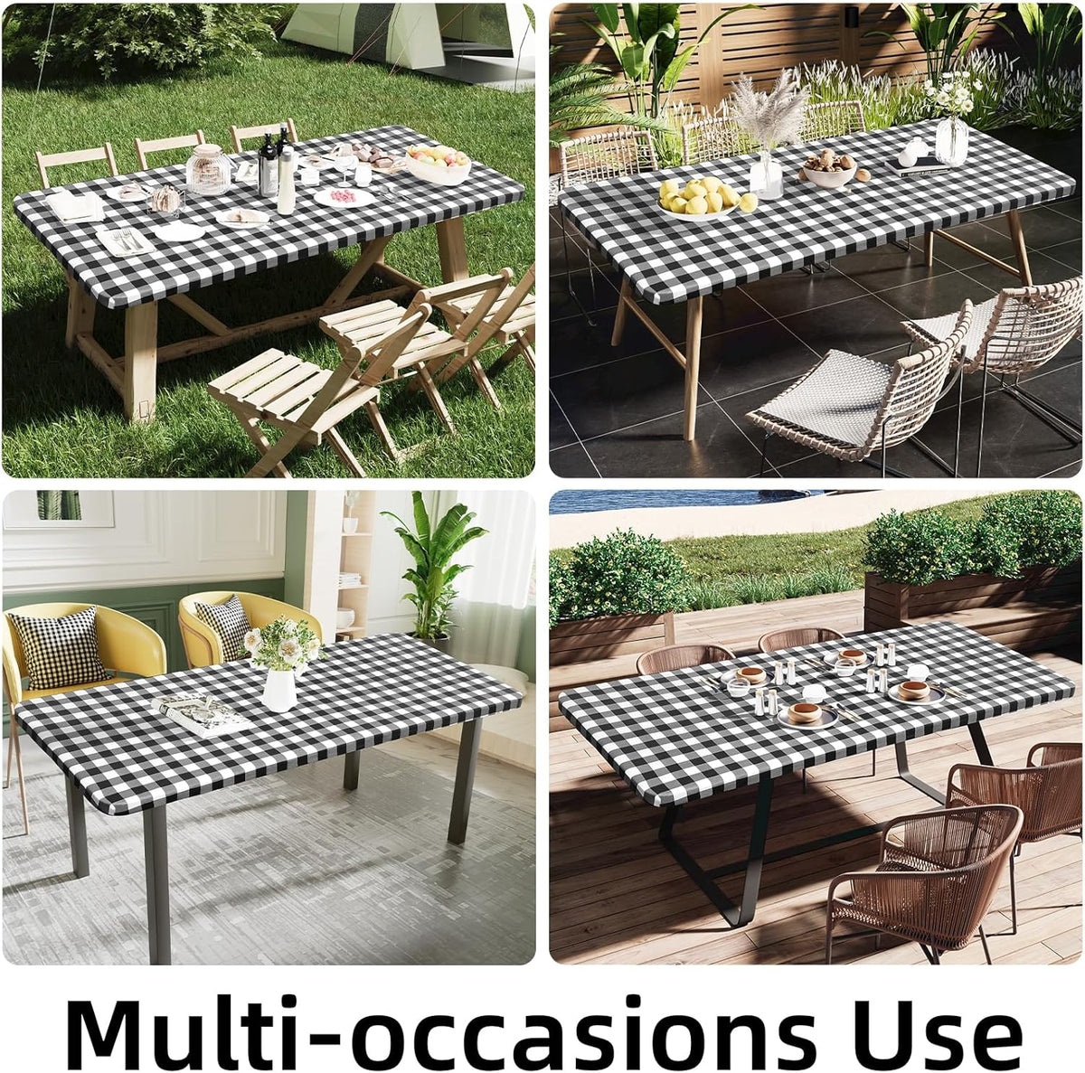 Smiry 6 Foot Picnic Table Cloth, Flannel Backed Fitted Vinyl tablecloths | Waterproof Elastic Rectangle Tablecloth ,Buffalo Plaid Table Covers for Dining, Camping, Outdoor (Black and White, 30" x 72")