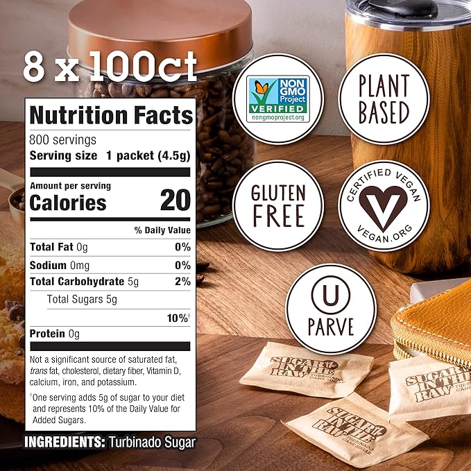 In The Raw Turbinado Cane Sugar Packets, 100 Ct Box, 8 Pack, Pure, All-Natural Turbinado Sugar, Non-GMO Project Verified, Kosher, Vegan and Gluten Free