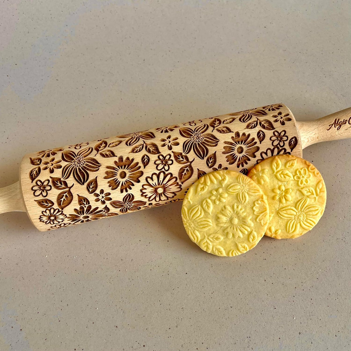 FLOWER MIX Embossing Rolling Pin with Flowers Pattern. Dough and Clay Roller for Embossed Cookies and Pottery. Cookie and Ceramic Stamp. Backing Gifts for Women by Algis Crafts