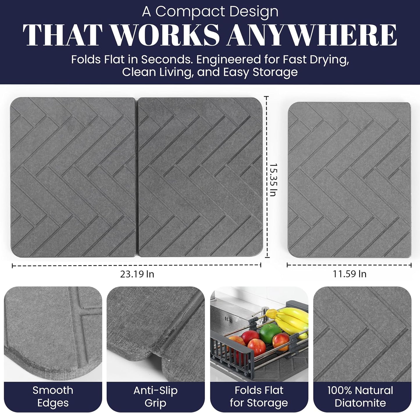 Folding Stone Dish Drying Mat for Kitchen Counter 23"x15" - Diatomaceous Earth Quick Dry Mat, Non-Slip, Foldable &amp; Absorbent Stone Drying Pad for Dishes Cups Bottles - Kitchen Bath &amp; Pet Mat