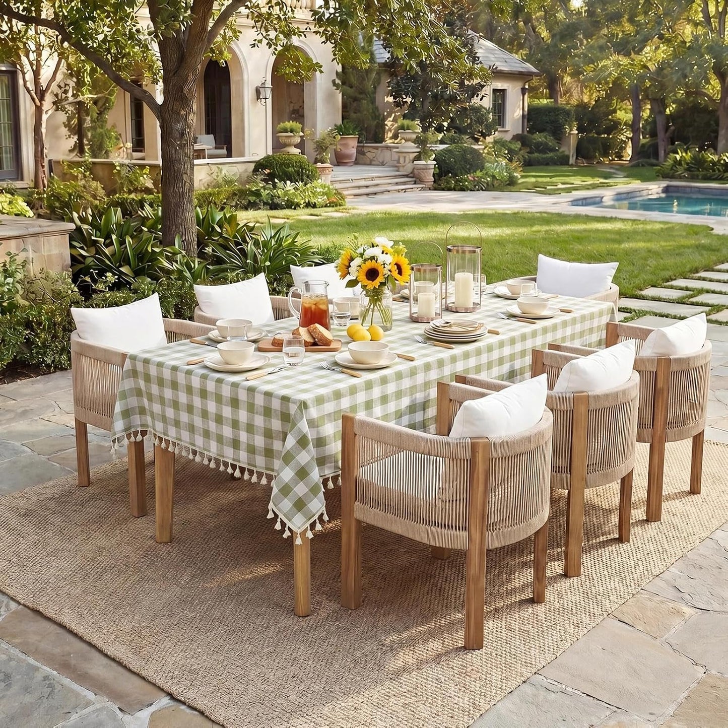 Softalker Outdoor Checkered Tablecloth, Linen Cotton Gingham Table Cloths for 6 Foot Rectangle Tables with Tassel, Heavy