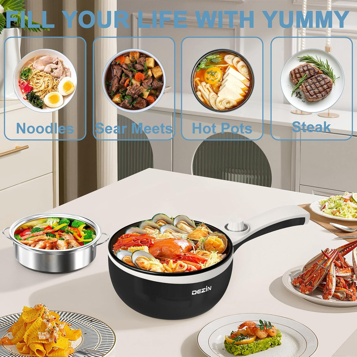 Dezin Hot Pot Electric with Steamer Upgraded, Non-Stick Sauté Pan, Rapid Noodles Electric Pot, 1.5L Mini Pot for Steak, Egg, Fried Rice, Ramen, Oatmeal, Soup with Power Adjustment