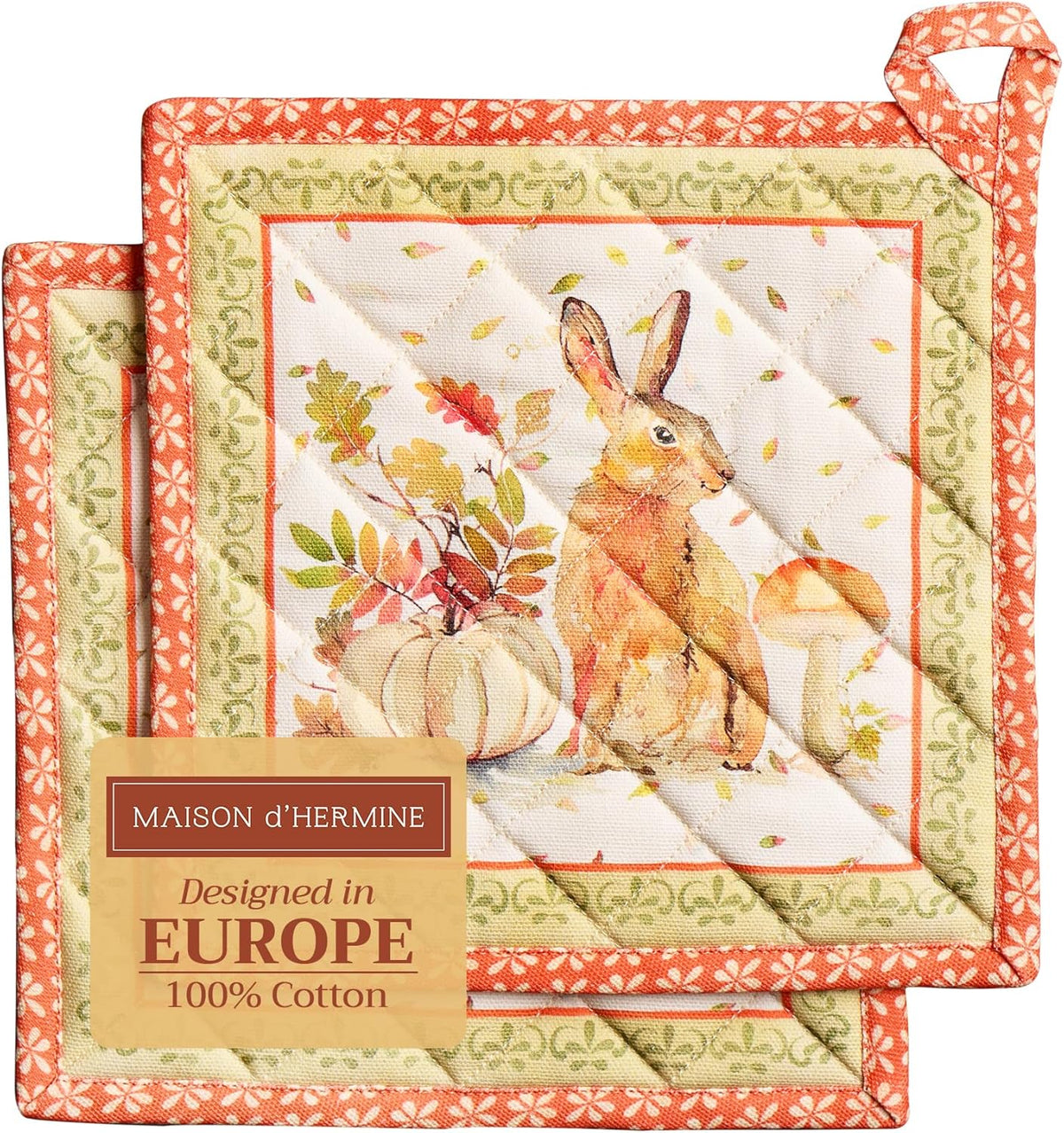Maison d' Hermine Pot Holders Set 100% Cotton Heat Resistant Potholders 8" x 8" Hot Pads with Loop BBQ, Cooking, Baking, Grilling, Kitchen, Handling Hot Pans (Pack of 2, Pumpkin Passion)