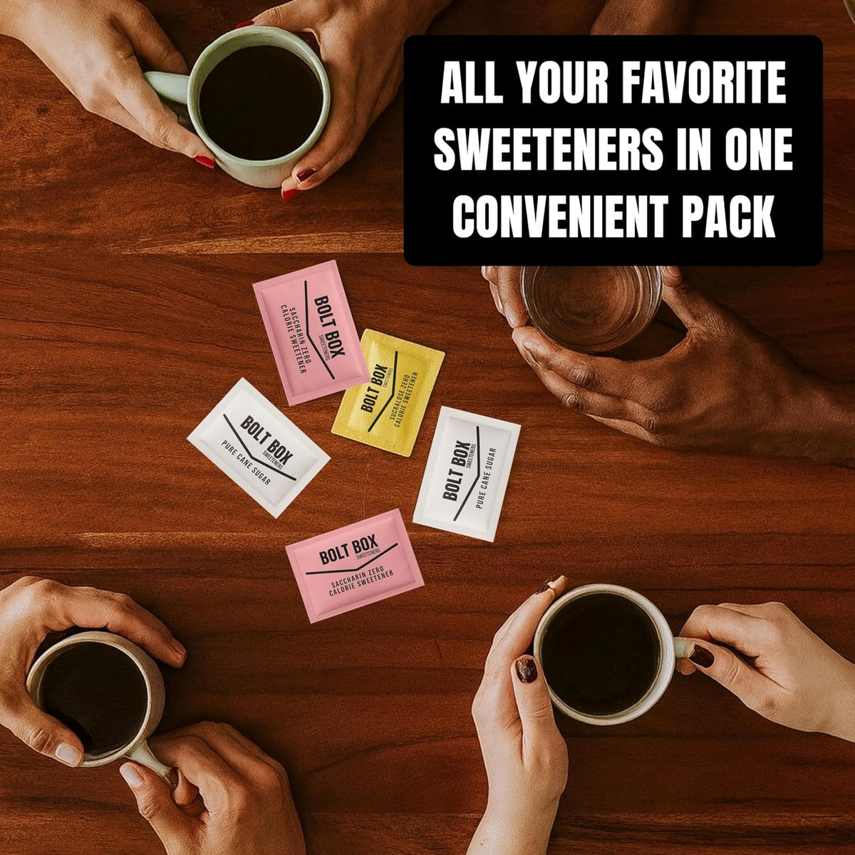Bolt Box Sugar &amp; Sugar Substitute Packets Variety Pack, 400 Count – Cane Sugar, Saccharin, Sucralose &amp; Stir Straws for Coffee Station, Office Breakroom, Airbnb