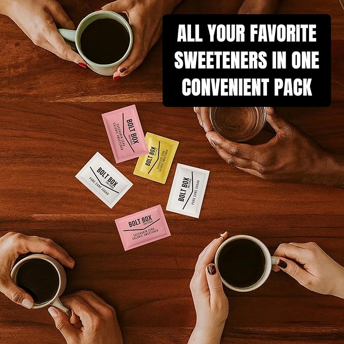 (400 total, 100 each) Bolt Box Sugar & Sweetener Packets Box - Cane Sugar, Substitute Packets, Plastic Coffee Stirrers