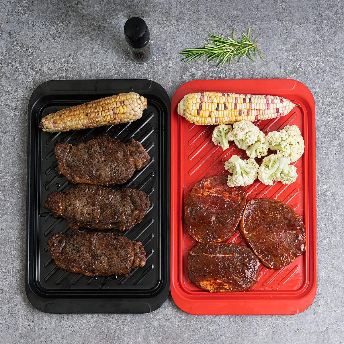 TP 17" x 10.5" Grilling Prep and Serve Trays, Set of 2, Black&amp;Red | Melamine BBQ Trays, Serving Platters for Meats, Raw and Cooked Food Separation, Grill Accessories, Break-resistant