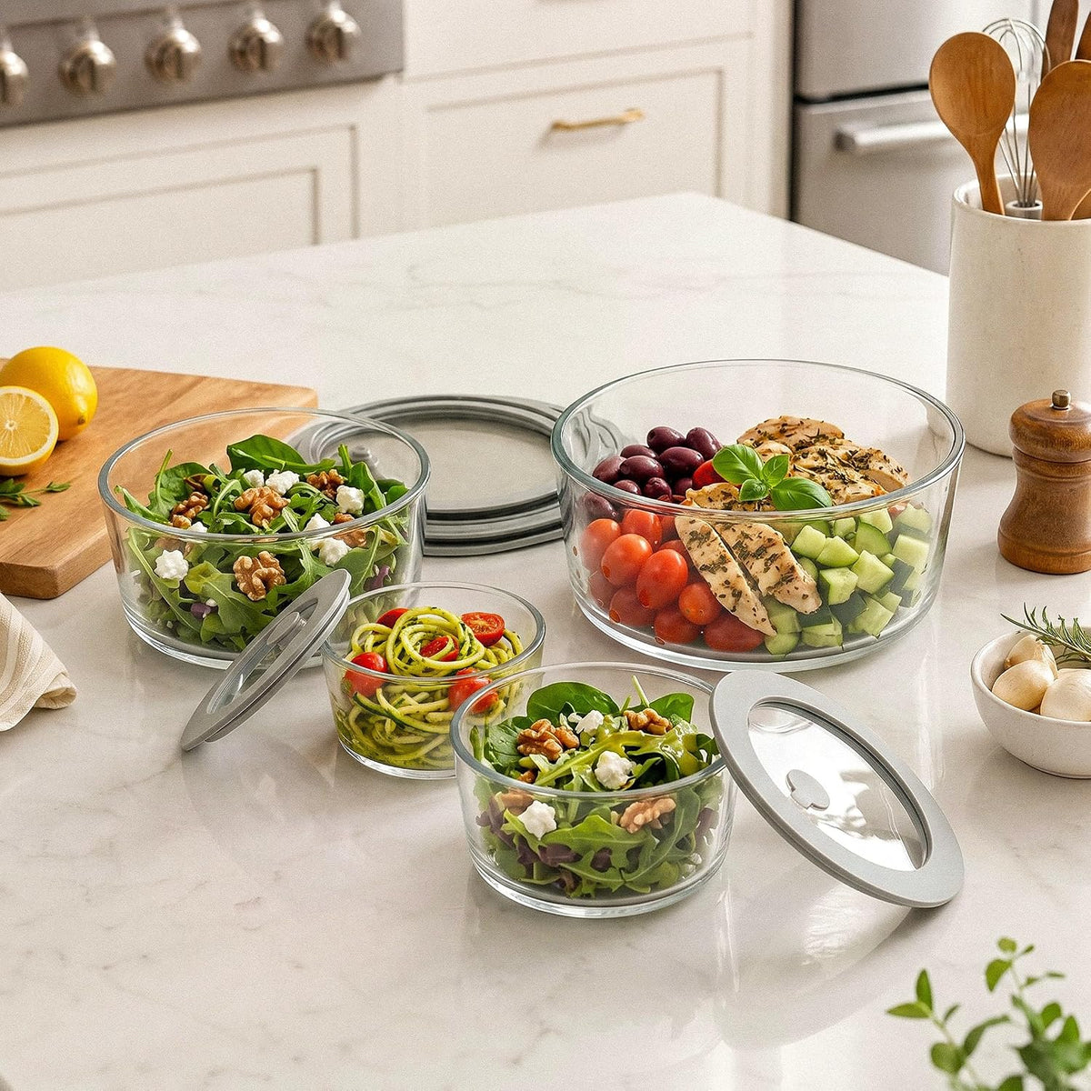 Glass Food Containers with Glass Lid, Microwave Safe Food Storage Container, Large 4 Pack Round Shape, Food Containers with Lids, Meal Prep containers with Leak Proof Lid.