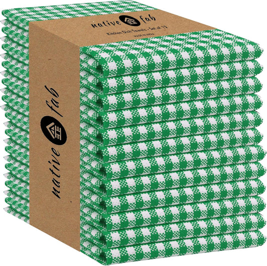 Native Fab Set of 12 Gingham Mini Check Kitchen Towels 16"x26" - Cotton Dish Towels - Soft Absorbent Hand Towels with