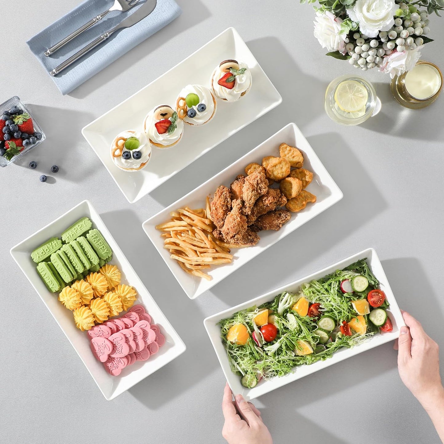 MALACASA Porcelain Serving Platters Set of 4,12 in Rectangular White Trays | 12 Inch Serving Trays and Platters Perfect for Party, Appetizer and Food Serving, Microwave and Dishwasher Safe