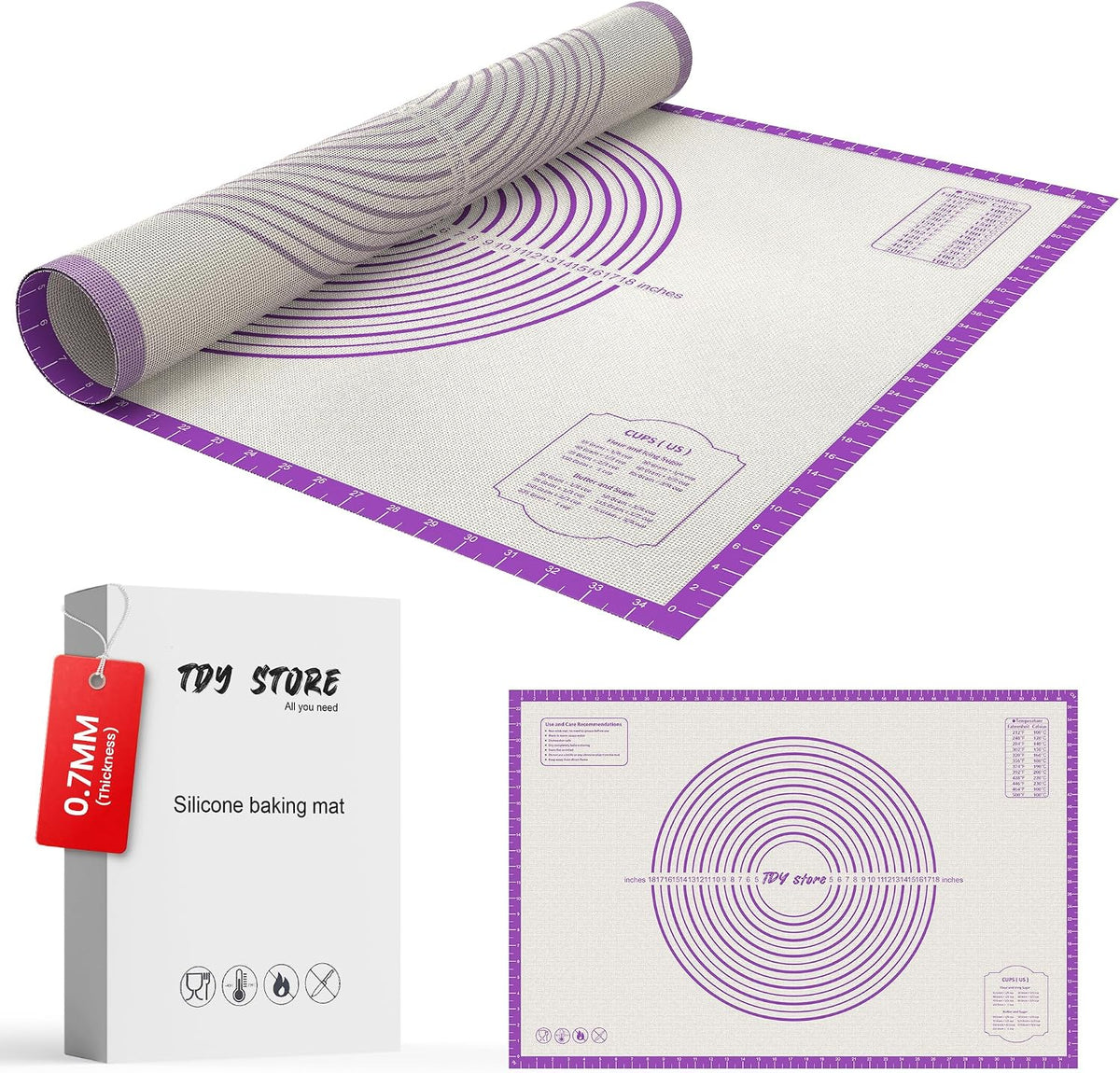 26 * 16 inches Purple, Non-Slip Silicone Baking Sheets - Baking Mat with 0.7mm Thickness - Non-Stick Pastry &amp; Cookie Mat for Kitchen Counter for Rolling Out Dough with Measurements.