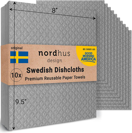Nordhus Design Large Swedish Dishcloths, 10 Pack Grey- 9.5 X 8 inch Reusable, Washable Cellulose Cotton Kitchen Cloths -