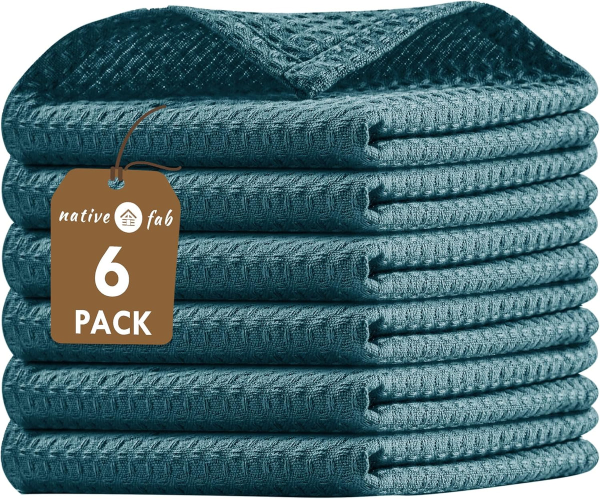 Native Fab 6 Pack Waffle Dish Cloths - 100% Cotton Absorbent, Quick Drying &amp; Soft Towels for Cleaning, Cooking &amp; Baking - Ideal for Home, Restaurants &amp; Cafes - 12x12 Inches - Teal Green