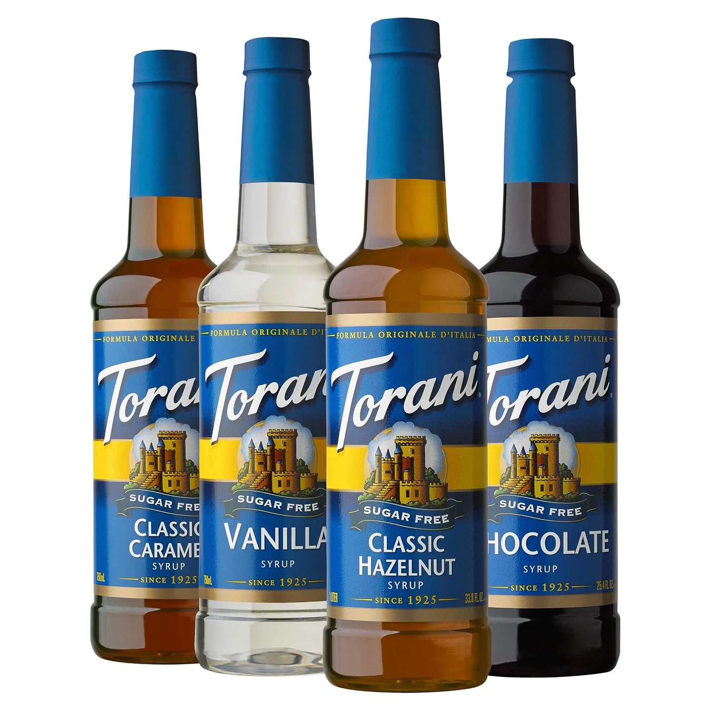 Torani Sugar Free Flavored Drink Syrup Café Variety Pack, 25.4 fl oz 4 Pack | Flavors Include Classic Caramel, Vanilla, Classic Hazelnut &amp; Chocolate
