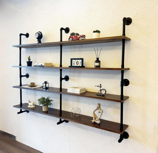Industrial Pipe Wall Shelves With Real Wood Plank, 70 Inches Floating Shelves for Wall, 4 Tier Farmhouse Book Shelves, Dark