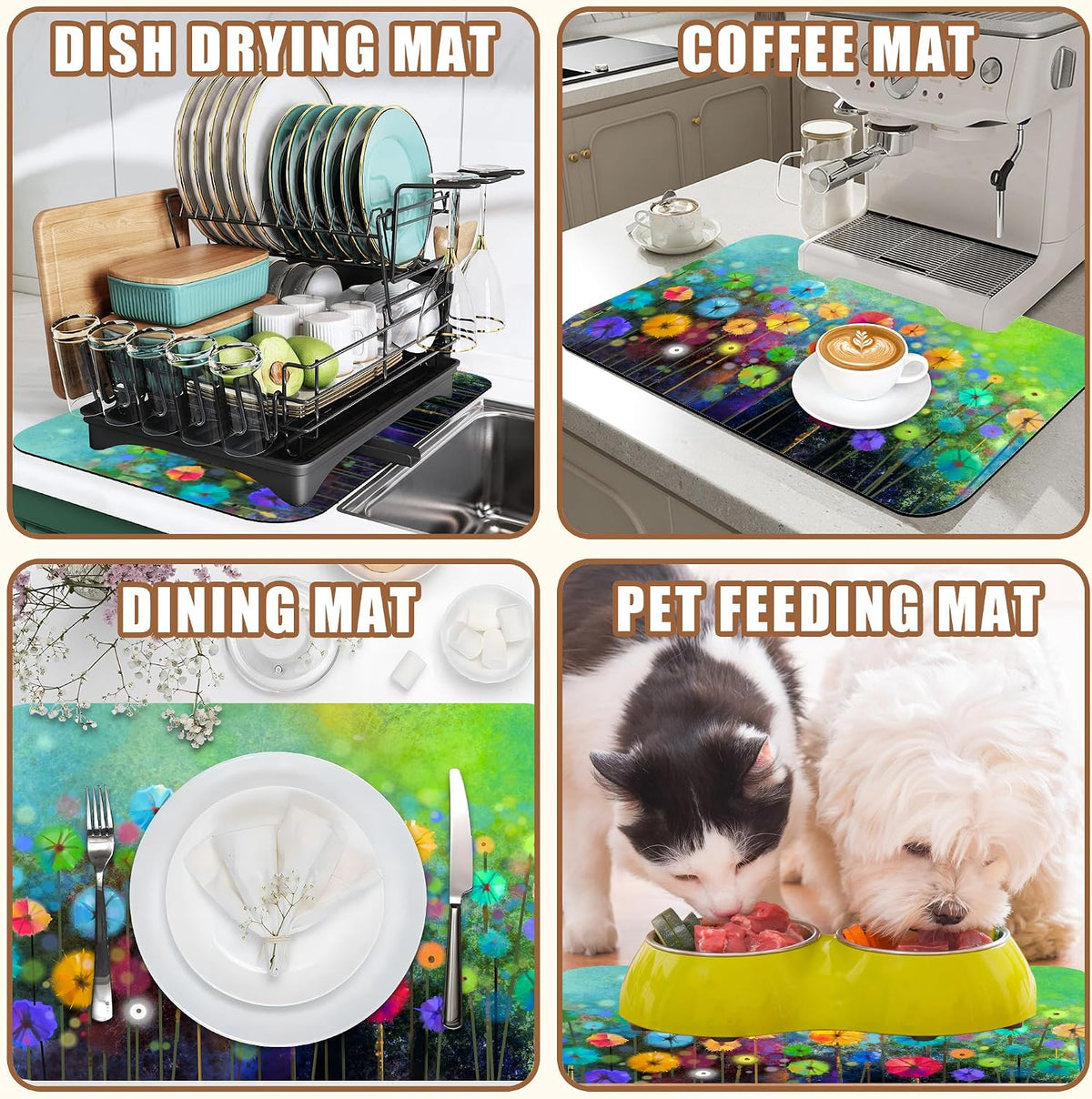 Dish Drying Mat Watercolor Rainbow Dandelion Coffee Bar Mat for Countertop Absorbent Hide Stain Rubber Backed Dish Drainer Rack Pad Espresso Machine Dining Room Decoration 11.8 x 19.7 Inch