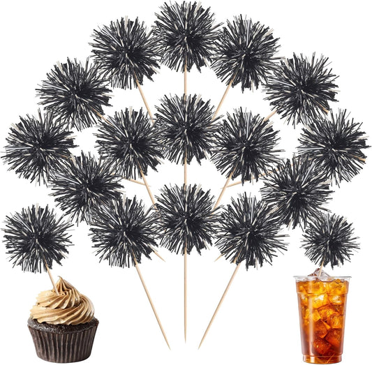 40 PCS Black Foil Firework Cupcake Toppers Sparkle Tinsel Cupcakae Picks Sparkler Fireworks Party Decorations Cocktail Fruit