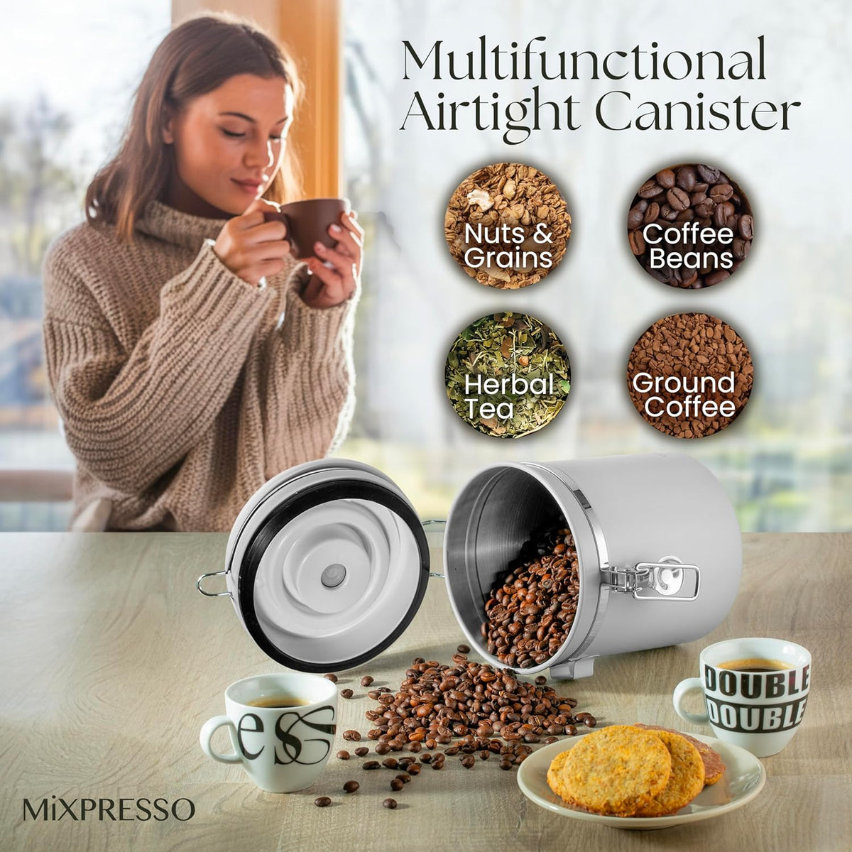 Mixpresso 16 Oz White Coffee Canister, Stainless Steel Airtight Coffee Container, Air tight Jar Tea Storage with Date Tracker, Vacuum Sealed Espresso Airtight Canister, Sugar Container for Home