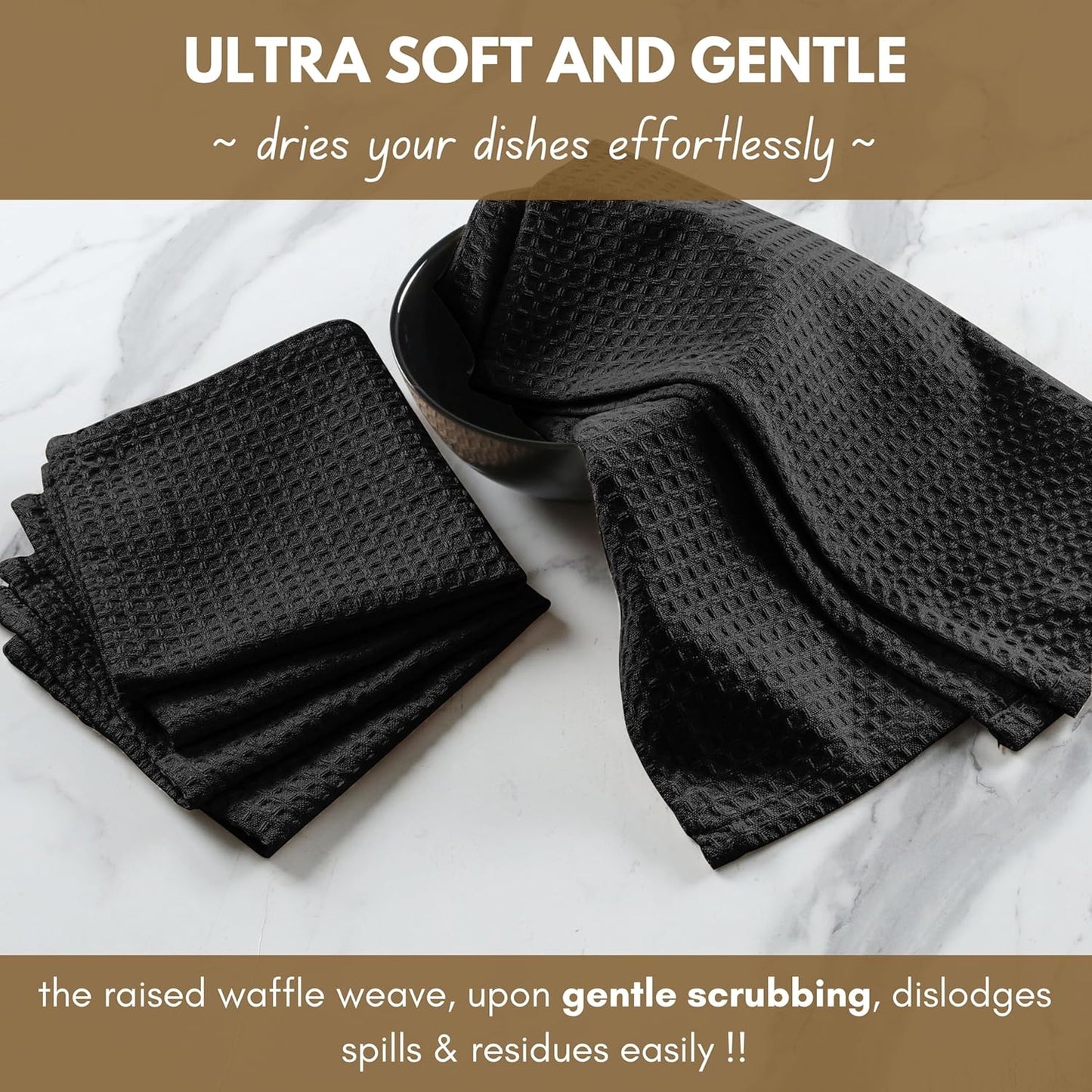 Native Fab 12 Pack Cotton Dish Cloths - Absorbent, Quick Drying, Washable, Durable Towels for Cleaning, Cooking & Baking - Perfect for Everyday Use, Home, Bars, Restaurants - 12x12 Inches - Black