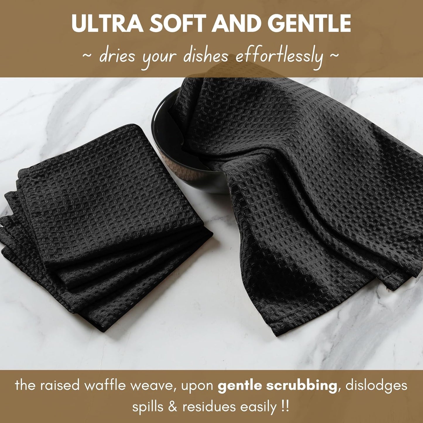 Native Fab 12 Pack Cotton Dish Cloths - Absorbent, Quick Drying, Washable, Durable Towels for Cleaning, Cooking &amp; Baking - Perfect for Everyday Use, Home, Bars, Restaurants - 12x12 Inches - Black