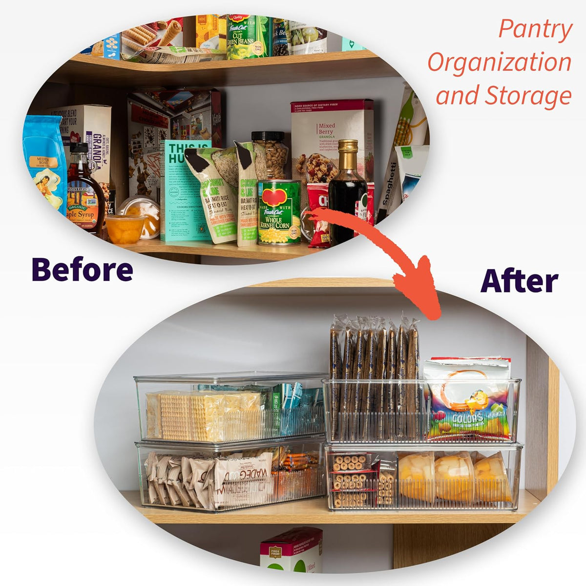 ClearSpace Plastic Pantry Organization and Storage Bins with Dividers & Lids – Perfect Kitchen Organization or Kitchen Storage – Fridge Organizer, Refrigerator Bins, Cabinet Organizers, 4 Pack