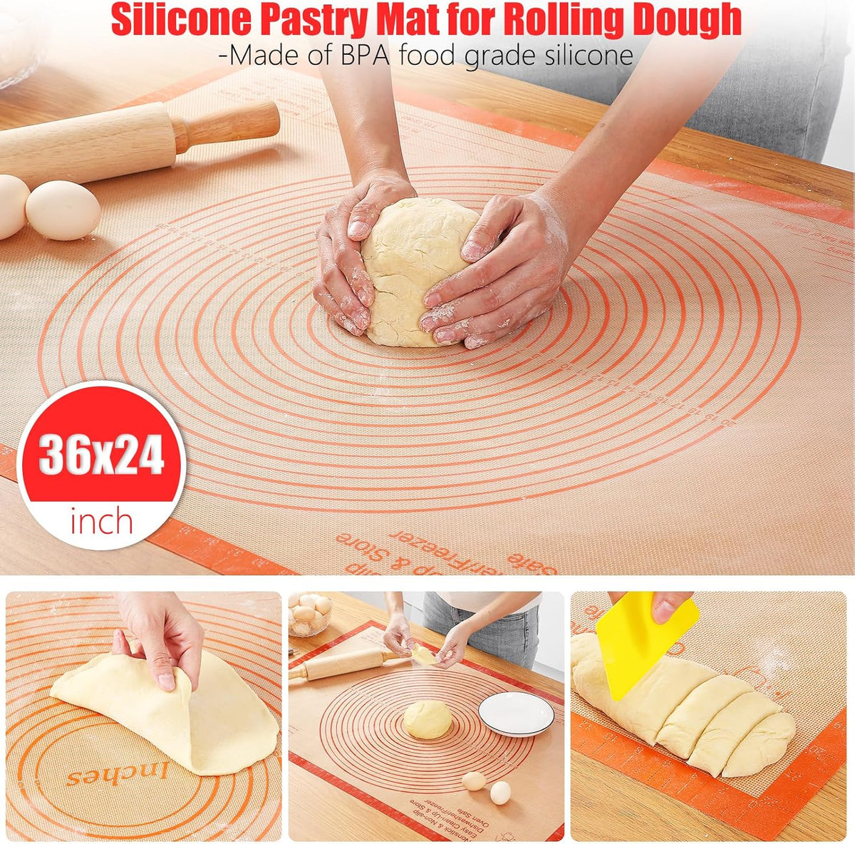 Silicone Pastry Mat 36X24 Inch Baking Mat for Counter Dough Rolling Mat | Perfect for Dough, Pastry, Dough Rolling, Kneading Board, Pie Crust, Fondant, Bread, Pasta, Pizza, Kitchen Counter Mat