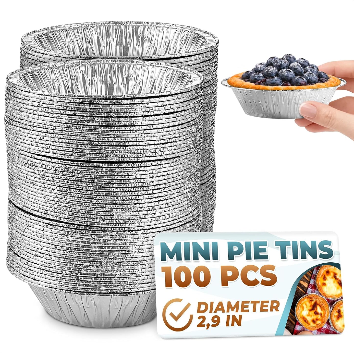 LEGLO Mini Pie Tins 3 Inch, 100 Pcs Round Disposable Aluminum Egg Tart Tins | Skip the Cleanup - Moisture-Resistant, Oven-Safe, Easy-to-Use Pans for Baking Individual Cheesecakes, Quiches, and Pot Pies