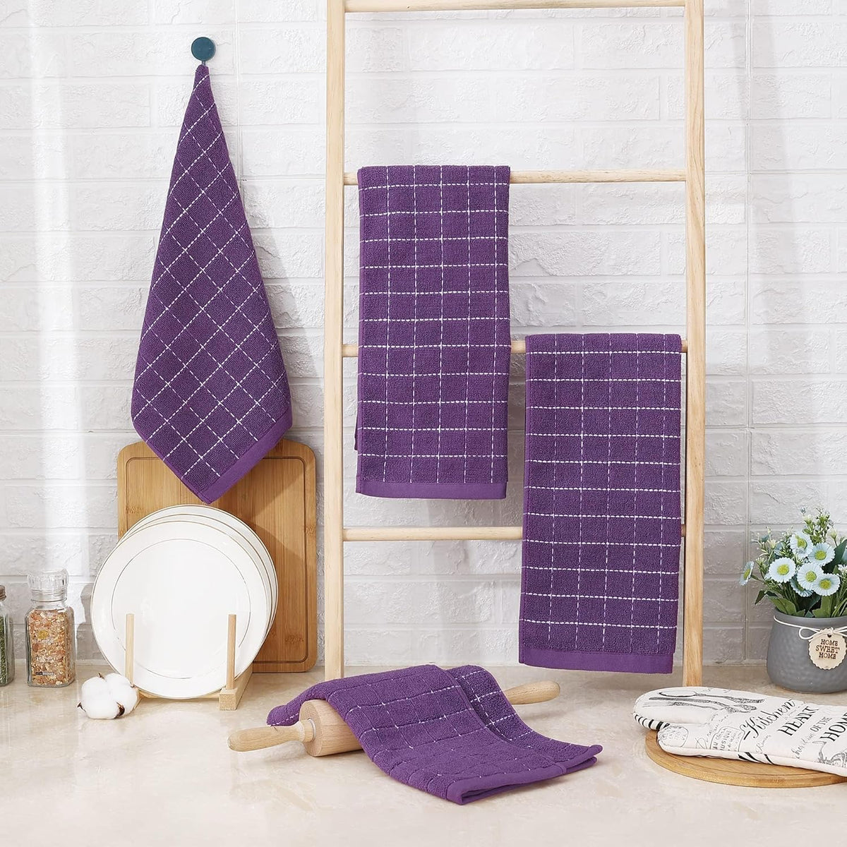 Homaxy 100% Cotton Terry Kitchen Towels(Purple, 13 x 28 inches), Checkered Designed, Soft and Super Absorbent Dish Towels, 8 Pack