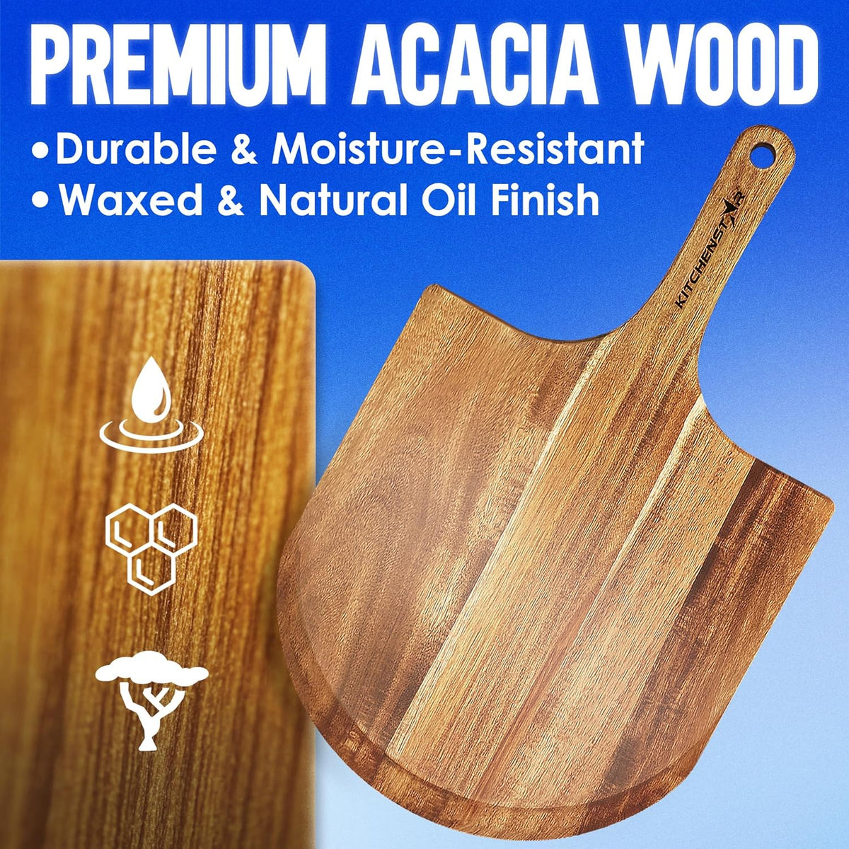 KitchenStar 14-Inch Acacia Wood Pizza Peel – Large Wooden Cutting & Serving Board with Handle – Natural Oil Finish – Ideal Pizza Oven Accessory for Easy Sliding & Prep