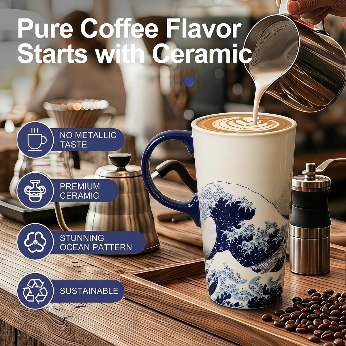 Topadorn 17oz Ceramic Travel Mug with Lid, Hokusai Great Wave Coffee Mug