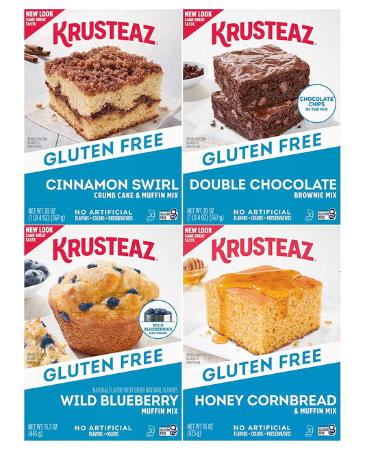 Krusteaz Gluten Free Baking Mix Variety Pack, 1 Cinnamon Swirl Cake Mix, 1 Double Chocolate Brownie Mix, 1 Wild Blueberry