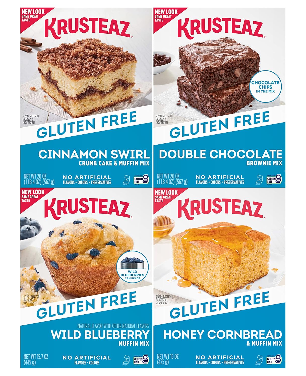 Krusteaz Gluten Free Baking Mix Variety Pack, 1 Cinnamon Swirl Cake Mix, 1 Double Chocolate Brownie Mix, 1 Wild Blueberry Muffin Mix, 1 Honey Cornbread Mix, (4 CT)