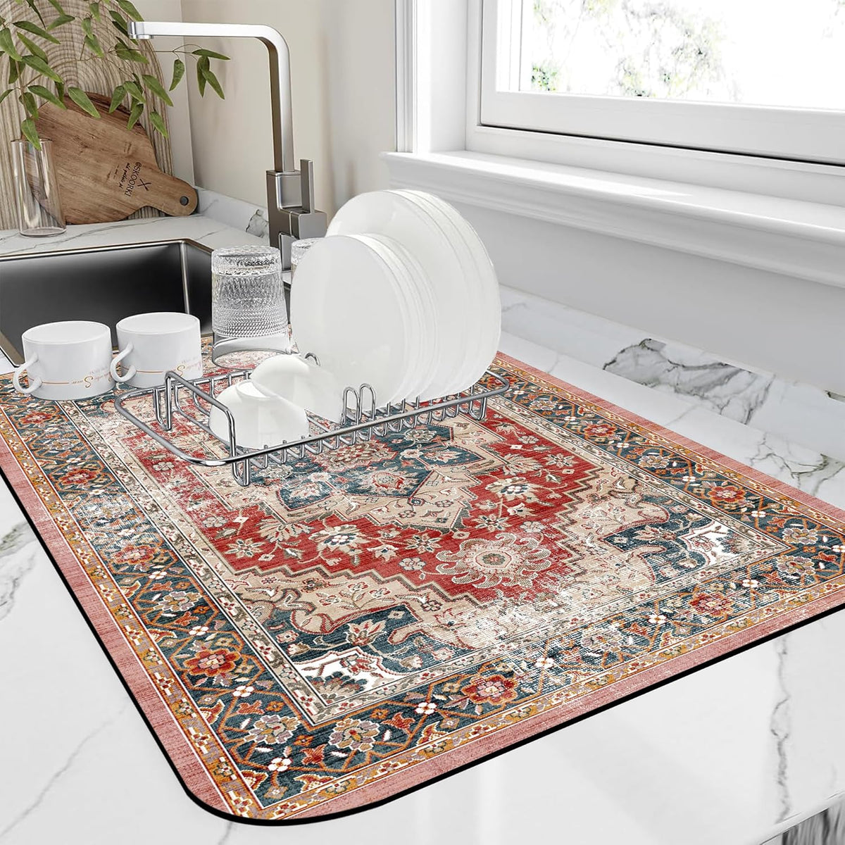 Dish Drying Mat Persian Style Textile Rug Texture Dish Drying Pad,16"X24"Bsorbent Coffee Mat for Sink Dishes or Under Rack Kitchen Counter Accessories Absorbent Hide Stain Drying Mat