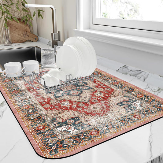 Dish Drying Mat Persian Style Textile Rug Texture Dish Drying Pad,12"X19"Bsorbent Coffee Mat for Sink Dishes or Under Rack
