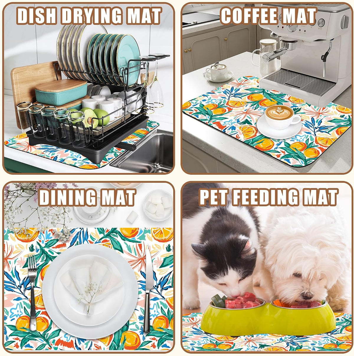 Dish Drying Mat Fruit Orange and Leaves Coffee Bar Mat for Countertop Absorbent Coffee Mat Rubber Backed Hide Stain Dish Drainer Rack Mat Coffee Maker Coffee Pot Dining Room Decor 11.8 x 19.7 Inch