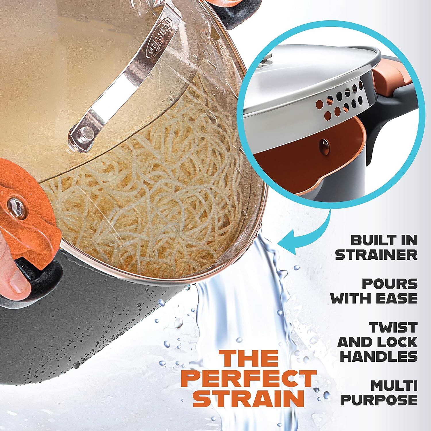 Gotham Steel 5 Quart Stock Pot Multipurpose Pasta Pot with Strainer Lid & Twist and Lock Handles, Nonstick Ceramic Surfa