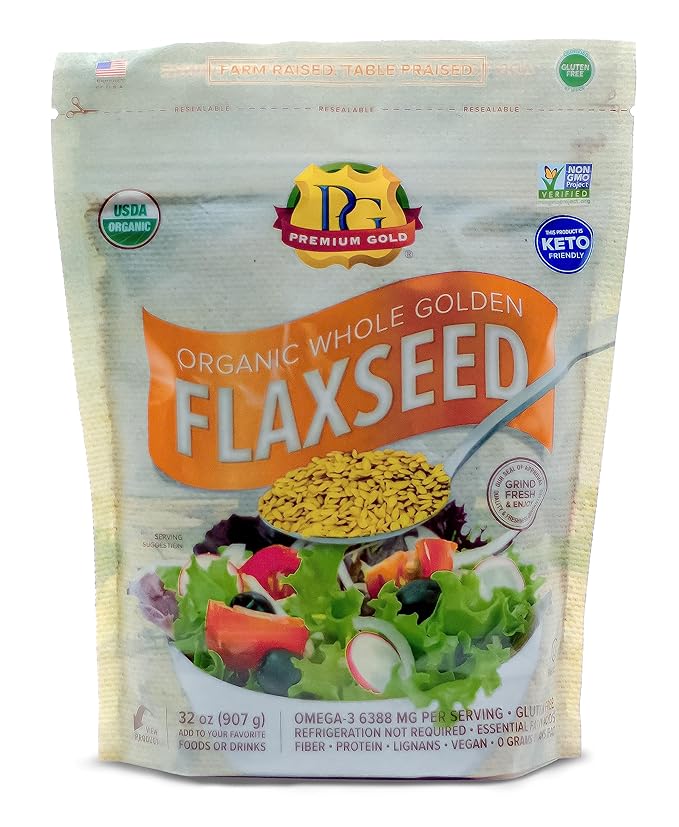 Premium Gold | Organic Whole Flax Seed | 2 lbs, Gluten-Free, Non-GMO, Kosher, Raw Seeds, Excellent Source of Fiber, Source of Omega-3, Plant-Based Protein, Ideal for Beverages, Baking & Topping
