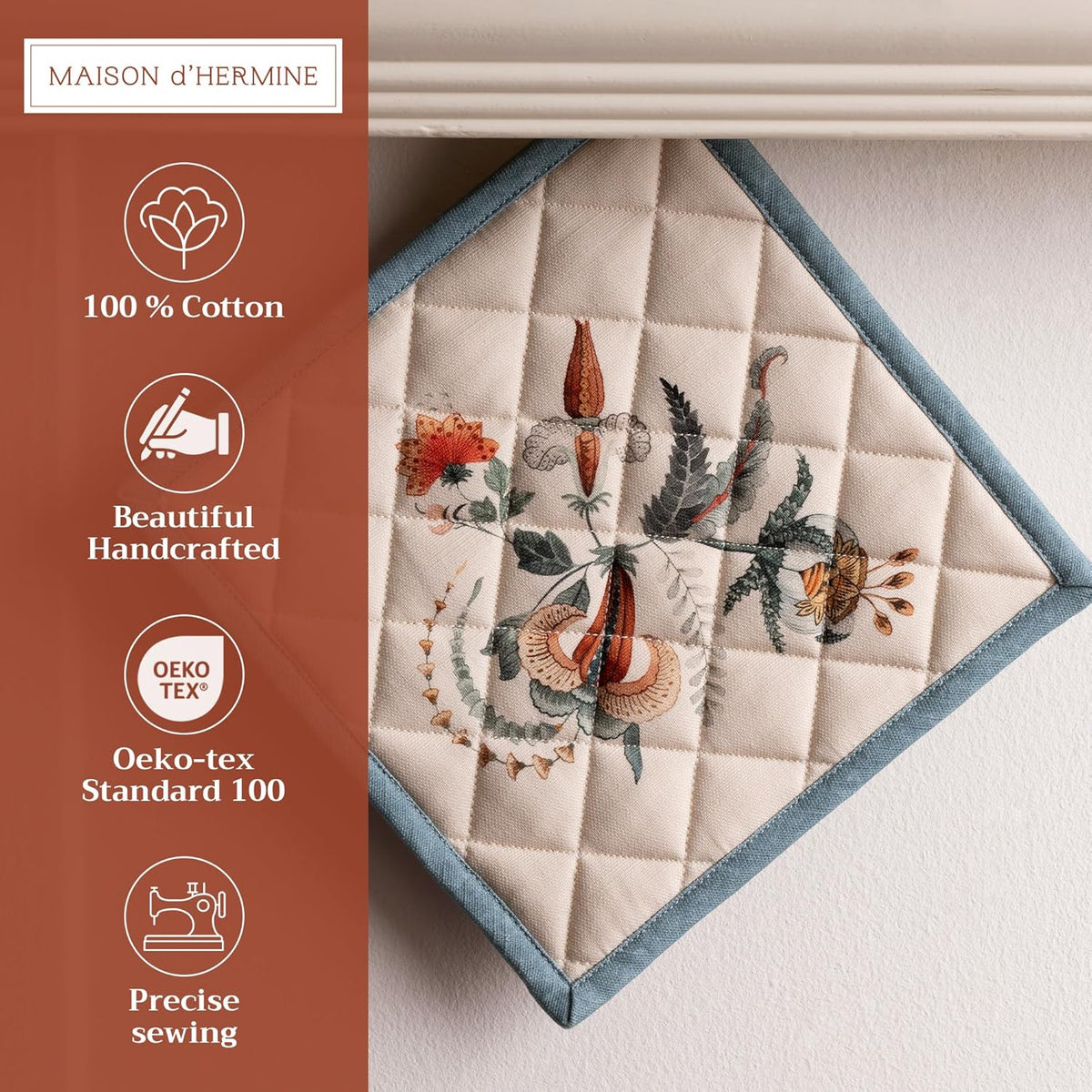 Maison d' Hermine Pot Holders 100% Cotton Heat Resistant Potholders 8" x 8" Hot Pads with Loop BBQ, Cooking, Baking, Grilling, Kitchen, Handling Hot Pans (Pack of 1, Dalida)