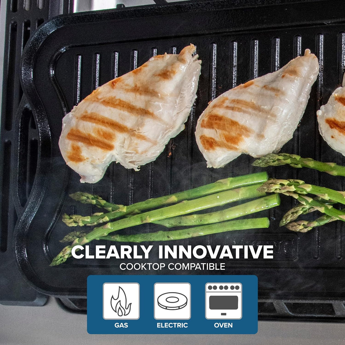 Viking Griddle, 20 Inch Reversible Cast Iron Grill Pan, Pre-Seasoned, Oven Safe, Hand Wash Only, Black