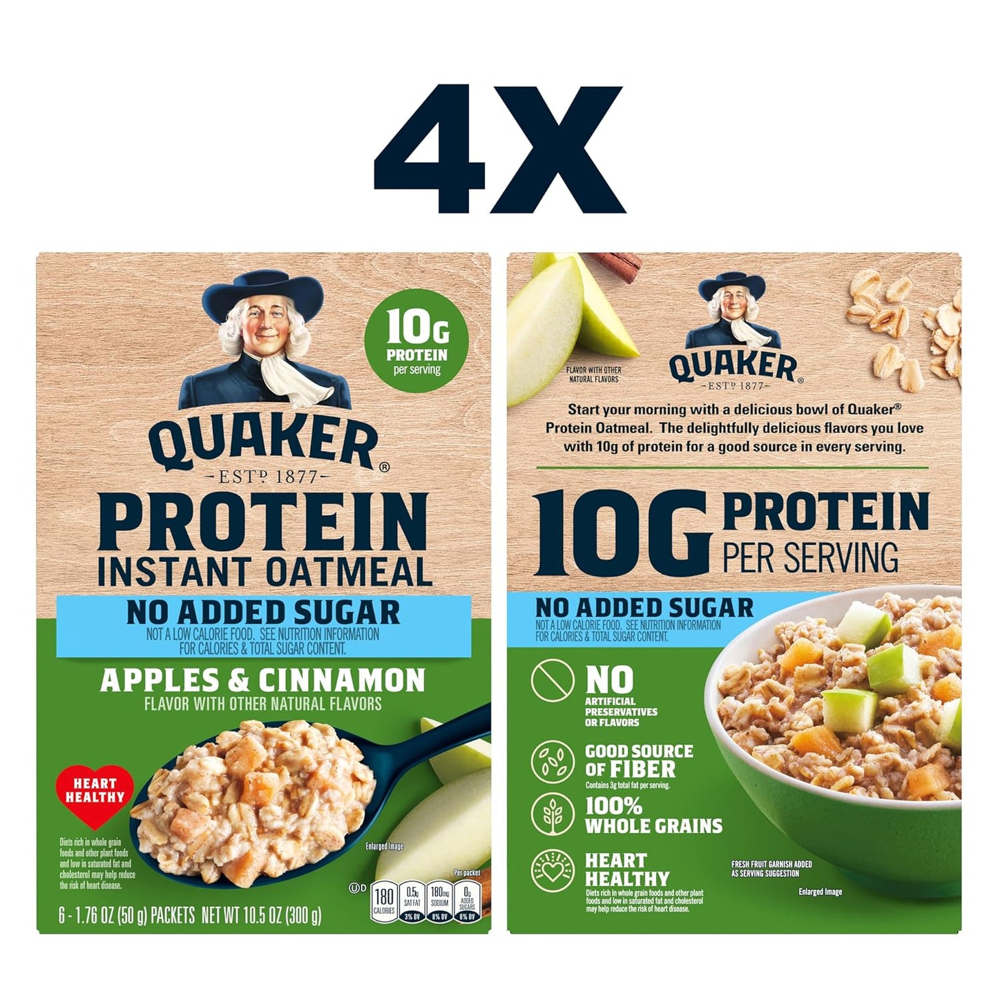 Quaker Protein Instant Oatmeal, Apple Cinnamon, 12g Protein per Serving, Whole Grains, No Artificial Flavors, No Added Colors, 1.76 oz Packets, (24 Pack)