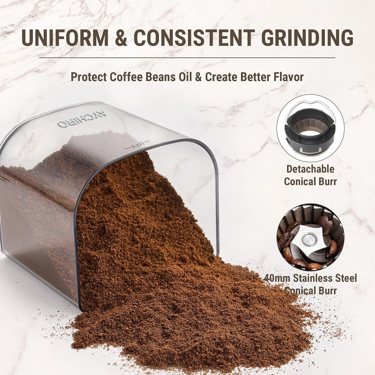 AYCHIRO Conical Burr Coffee Grinder Electric, Coffee Grinder with 30 Grind Settings, Adjustable Burr Mill Grinder for Home Use, 2-12 Cups for Espresso, Pour Over &amp; French Press