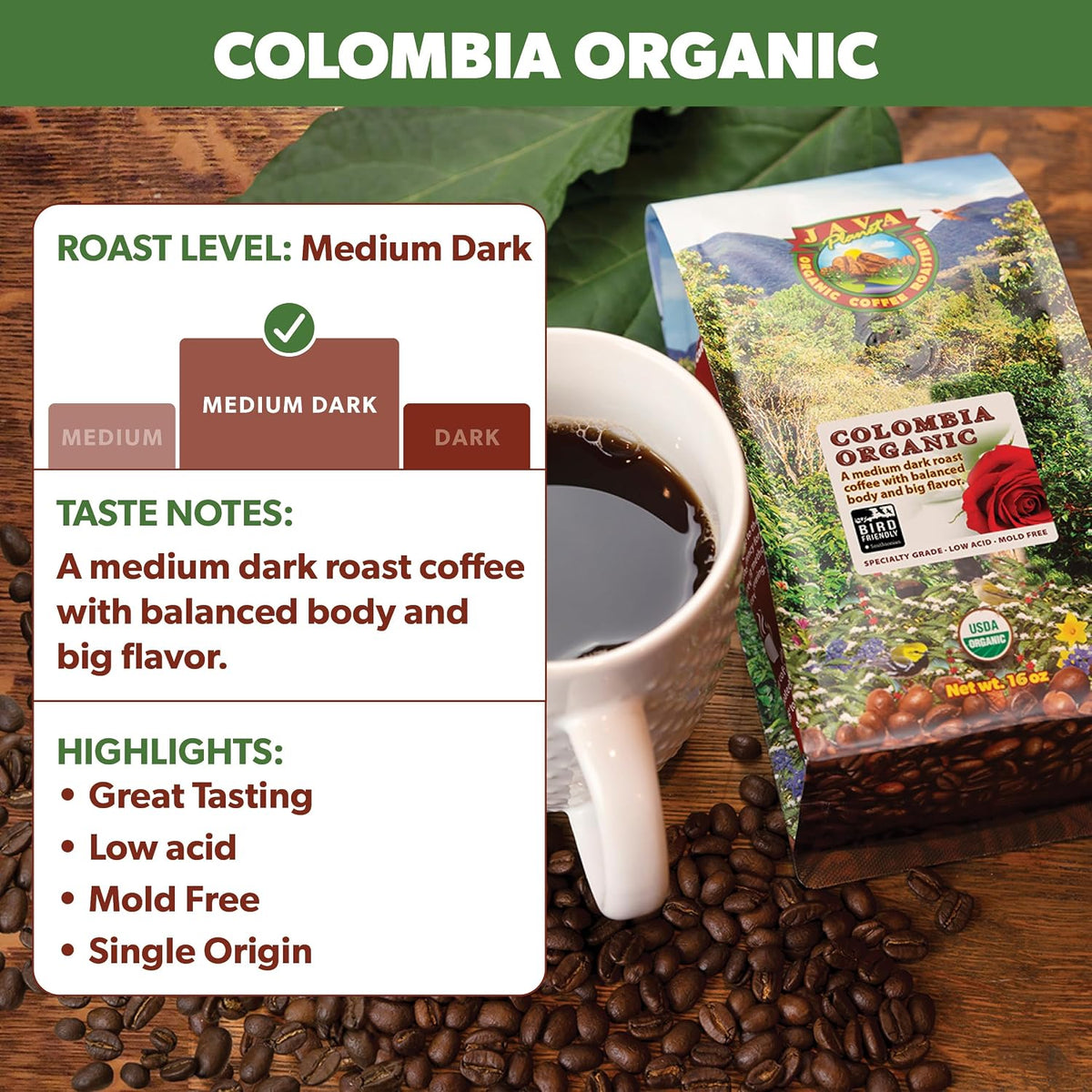 Java Planet Low Acid Organic Colombian Whole Bean Coffee 32oz (2pack)