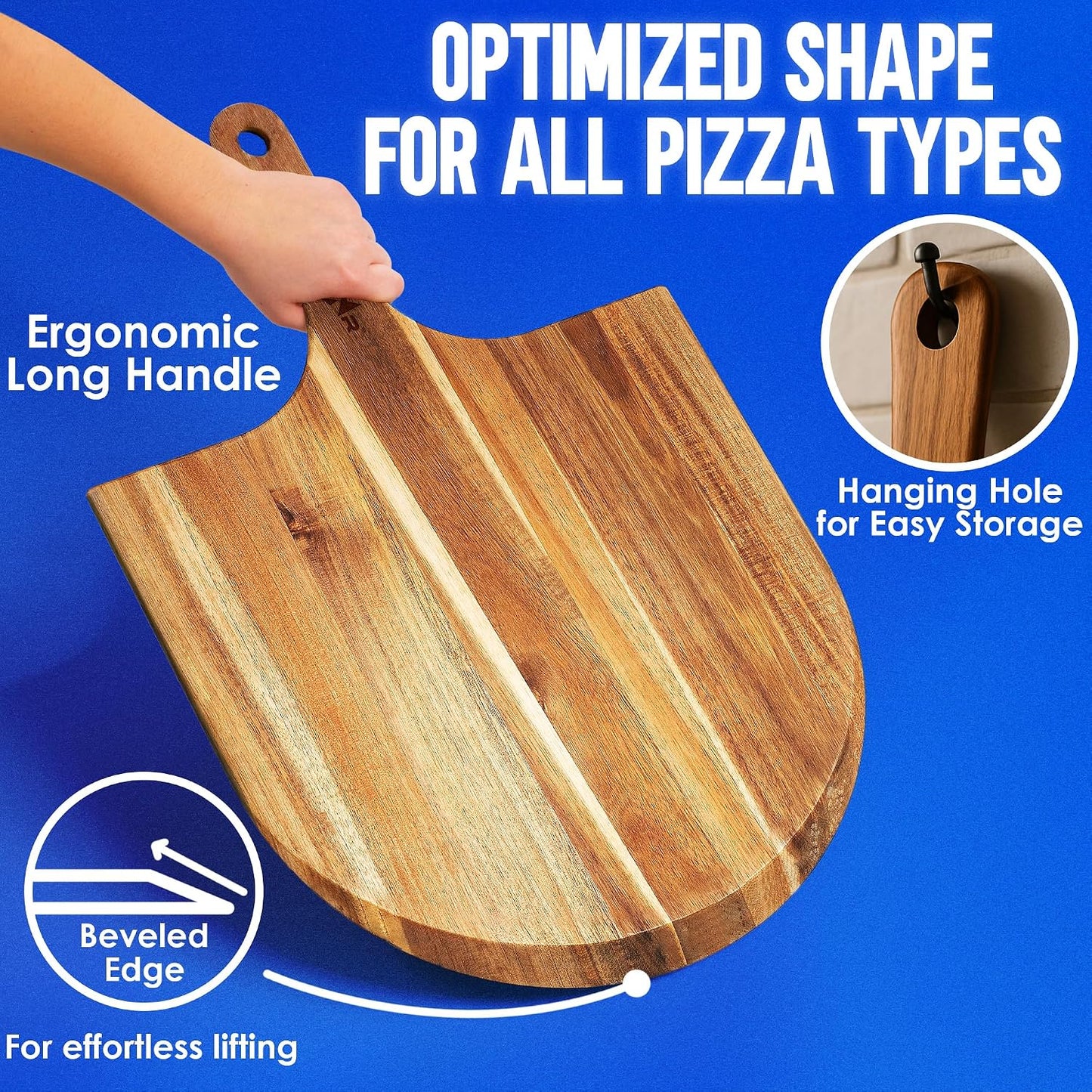16-Inch Acacia Wood Pizza Peel – Extra Large Wooden Cutting &amp; Serving Board with Handle – Natural Oil Finish – Ideal Pizza Oven Accessory for Easy Sliding &amp; Prep