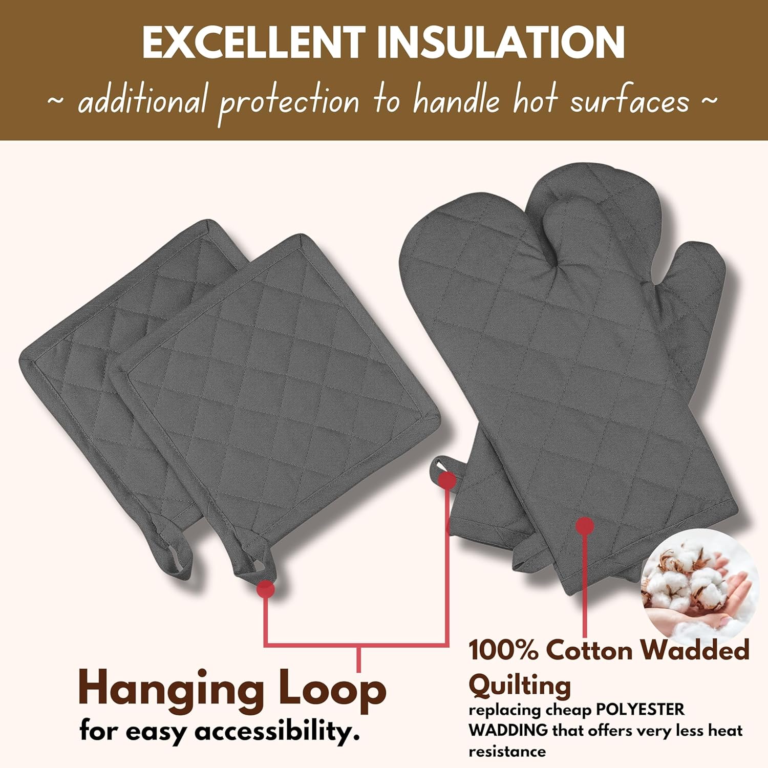 Native Fab Farmhouse Oven Mitts and Pot Holders Set of 4, Heat Resistant Non-Slip Machine Washable, 100% Cotton Kitchen Pot