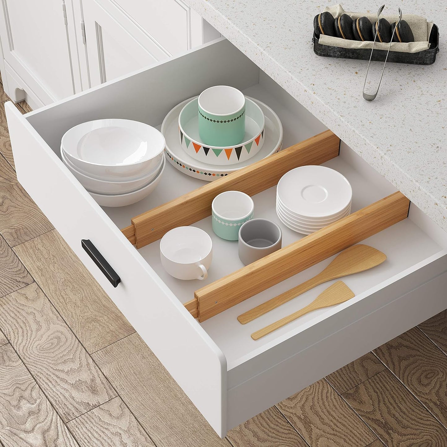 BAMEOS Bamboo Expandable Drawer Dividers – Fits 16.6"–22" Drawers, 2" High, Set of 4 | Spring-Loaded Bamboo Separator for Kitchen Island, Bathroom Vanity &amp; Dresser Drawers