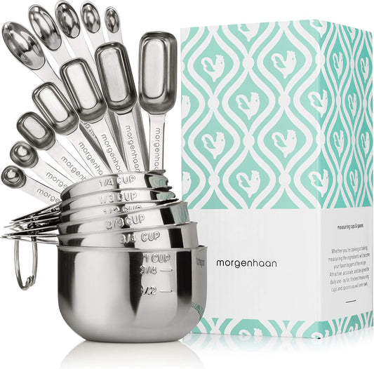 Heavy-Duty 304 Stainless Steel Measuring Cup Set (18-Piece) - Stackable, Dual Metric/US, Long & Narrow Spoons for Spice Jars