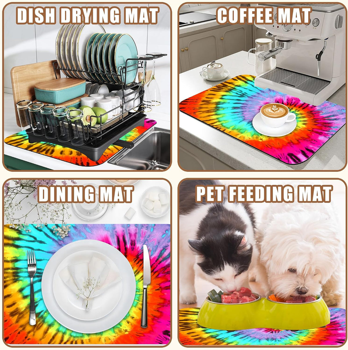 Dish Drying Mat Colorful Tie Dye Coffee Bar Mat for Countertop Absorbent Rubber Backed Hide Stain Dish Drainer Rack Pad Coffee Maker Espresso Machine Dining Room Decoration 11.8 x 19.7 Inch
