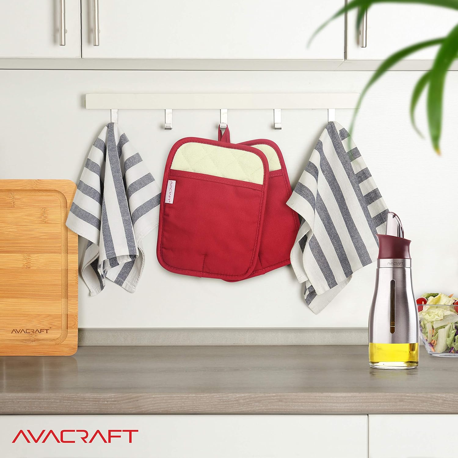 AVACRAFT Red Pot Holders Set, Flexible, 100% Cotton with Non-Slip Heat Resistant Silicone Design, Thick Terry Cloth