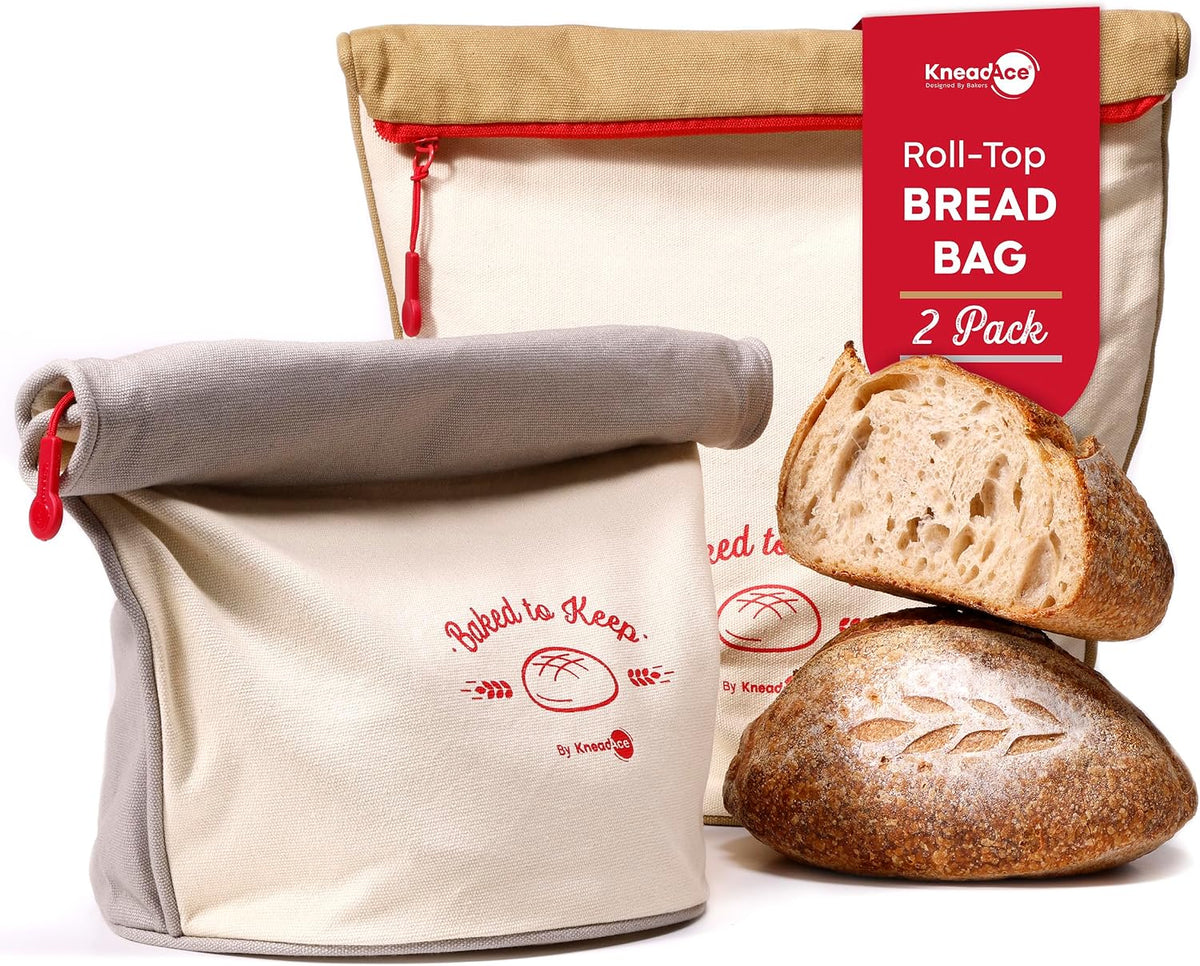 KNEADACE Sourdough Bread Bags for Homemade Bread, 2 Pack Reusable Cotton | Food-Safe TPU Lining, Freezer Safe, Machine Washable, Roll-Top with Zipper Closure, Eco-Friendly Bread Storage