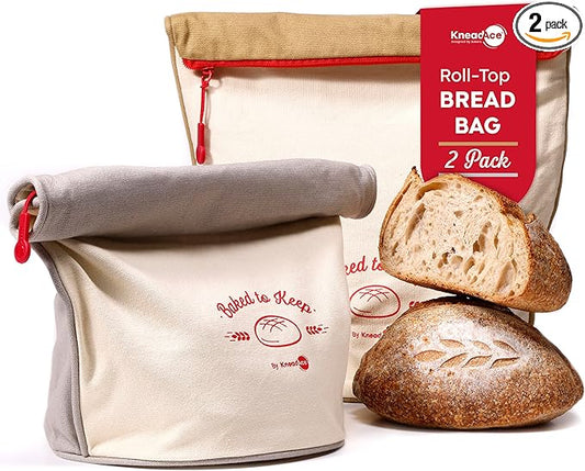 KNEADACE Bread Bags for Homemade Bread -Stylish Sourdough Bread Storage with Roll-Top Design, 100% Cotton & Food-Safe